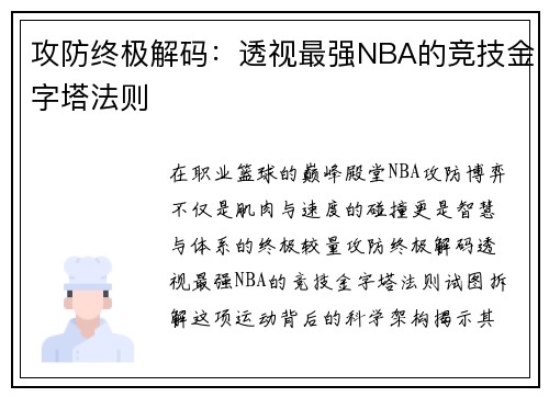 攻防终极解码：透视最强NBA的竞技金字塔法则