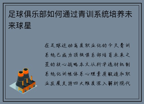 足球俱乐部如何通过青训系统培养未来球星