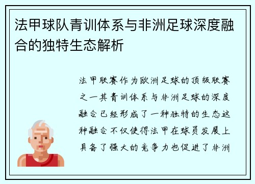 法甲球队青训体系与非洲足球深度融合的独特生态解析