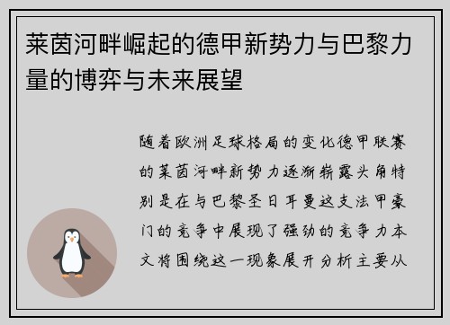莱茵河畔崛起的德甲新势力与巴黎力量的博弈与未来展望