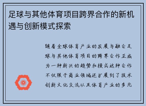 足球与其他体育项目跨界合作的新机遇与创新模式探索