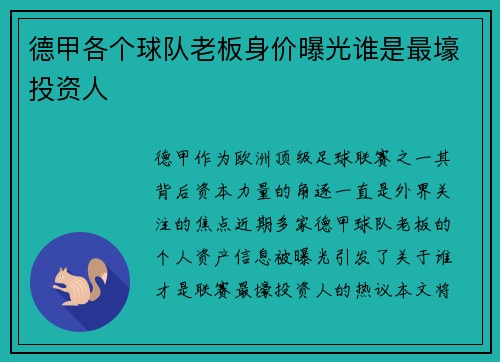 德甲各个球队老板身价曝光谁是最壕投资人