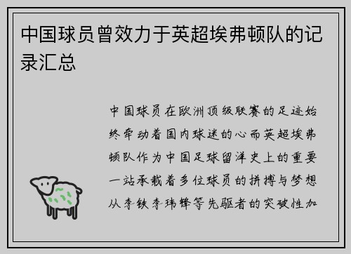 中国球员曾效力于英超埃弗顿队的记录汇总